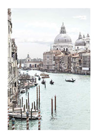 Photographic view of Venice canals with gondolas and dome-1