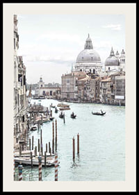 Photographic view of Venice canals with gondolas and dome-2