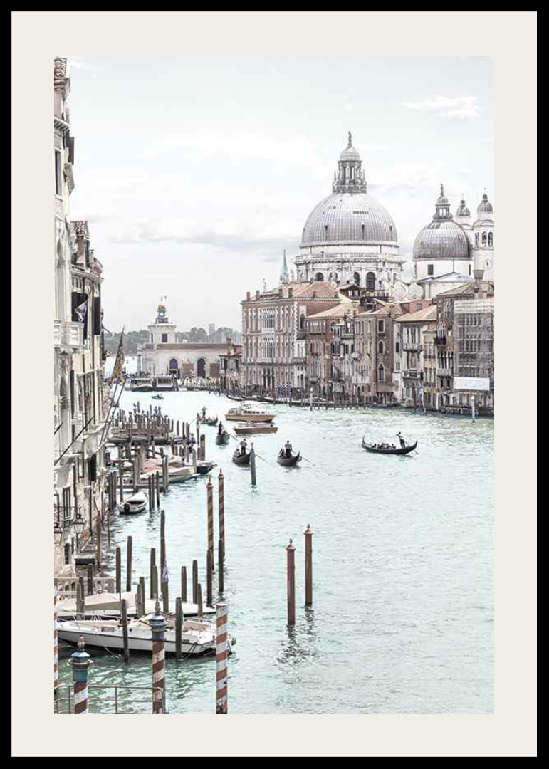 Photographic view of Venice canals with gondolas and dome-12
