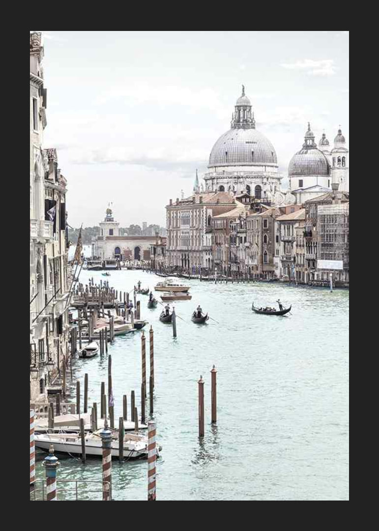 Photographic view of Venice canals with gondolas and dome-12