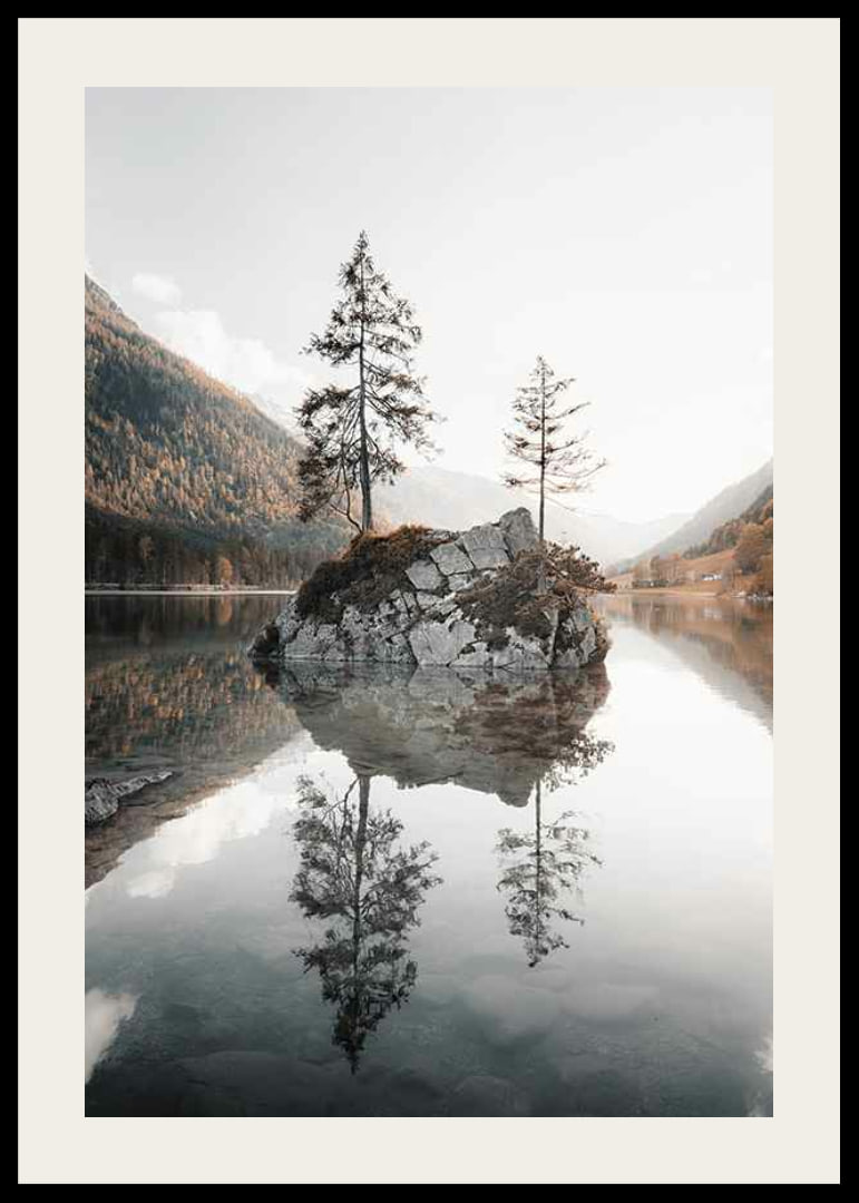 Photograph of small island with trees in mirror-like lake, autumn colors-12