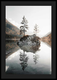 Photograph of small island with trees in mirror-like lake, autumn colors-4