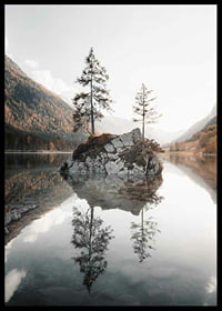 Photograph of small island with trees in mirror-like lake, autumn colors-6