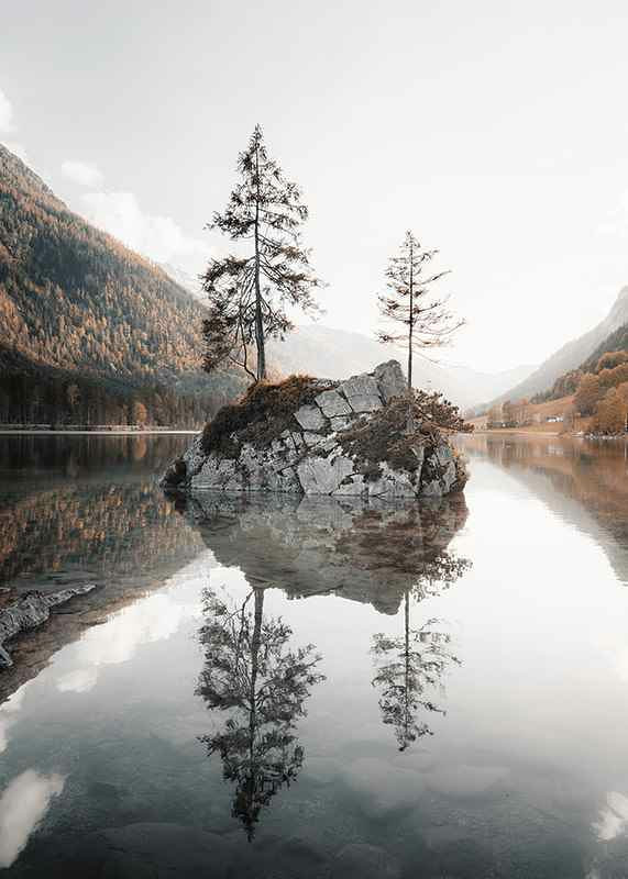 Photograph of small island with trees in mirror-like lake, autumn colors-12