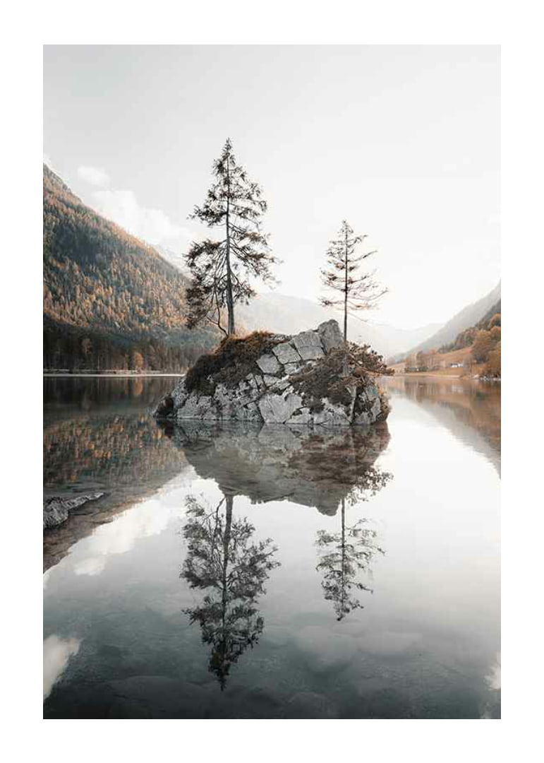 Photograph of small island with trees in mirror-like lake, autumn colors-12