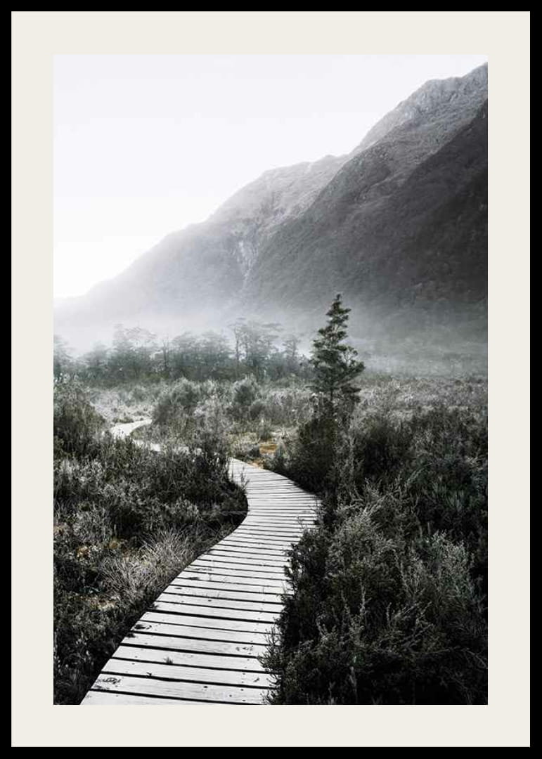 Photographie d'une passerelle sinueuse à travers un paysage brumeux-12