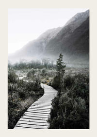 Photographie d'une passerelle sinueuse à travers un paysage brumeux-3