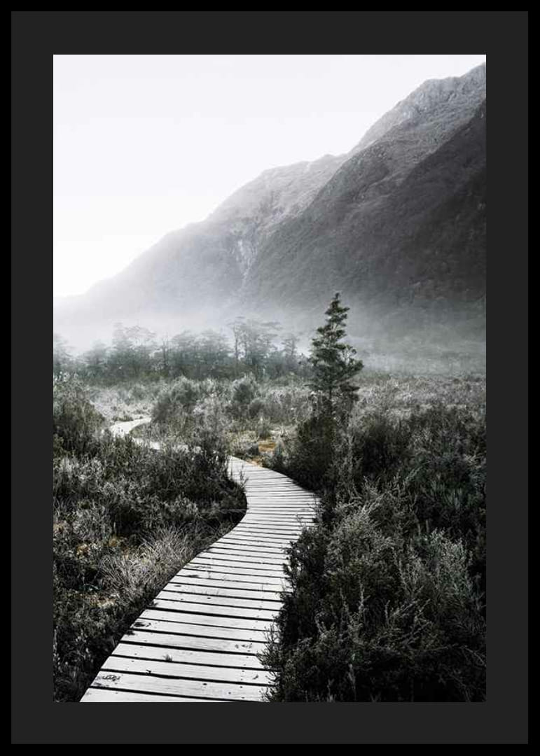 Photographie d'une passerelle sinueuse à travers un paysage brumeux-12