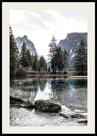 Photograph of alpine landscape with fir trees and clear lake-2