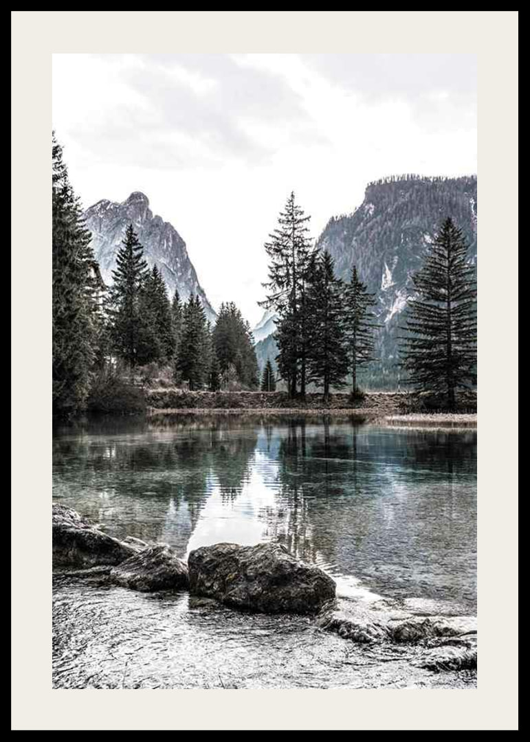 Photograph of alpine landscape with fir trees and clear lake-12