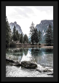 Photograph of alpine landscape with fir trees and clear lake-4
