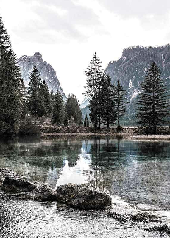 Photograph of alpine landscape with fir trees and clear lake-12