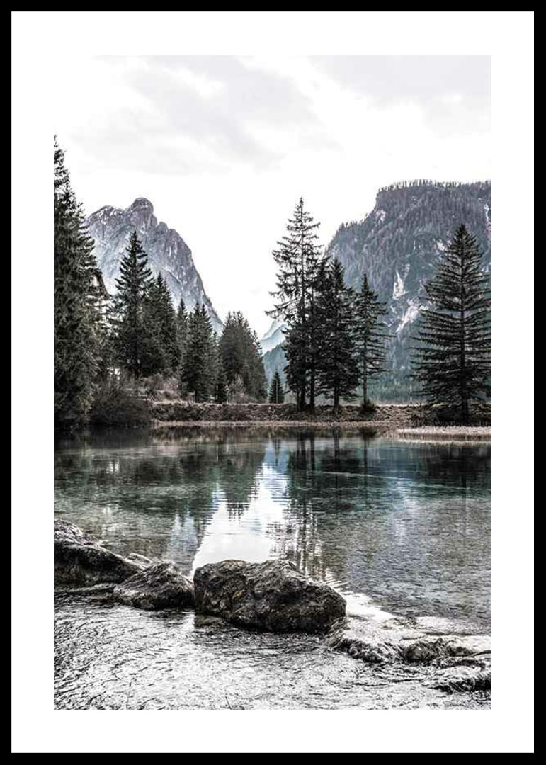 Photograph of alpine landscape with fir trees and clear lake-12