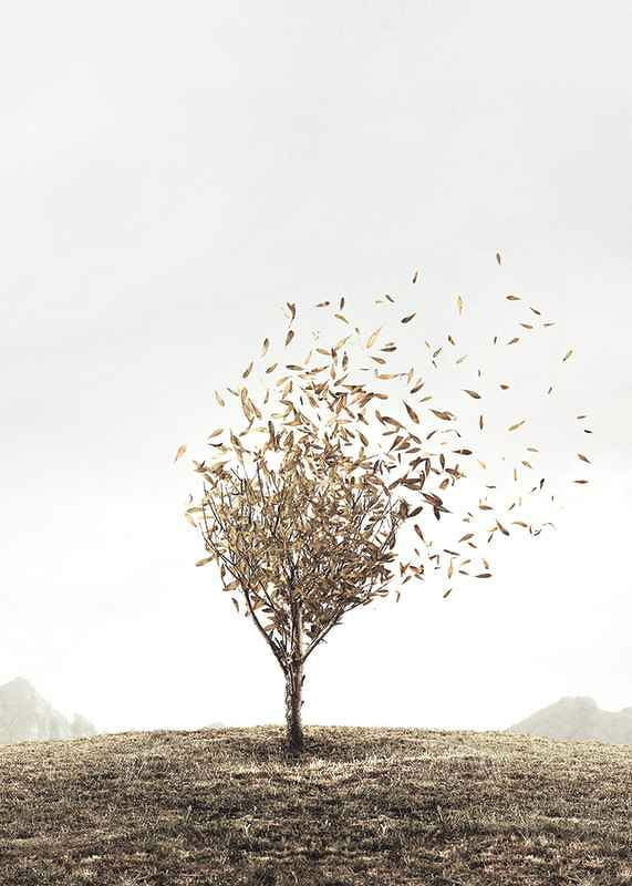 Abstract tree with golden leaves blowing away in the wind-12