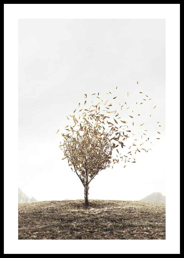 Abstract tree with golden leaves blowing away in the wind-12