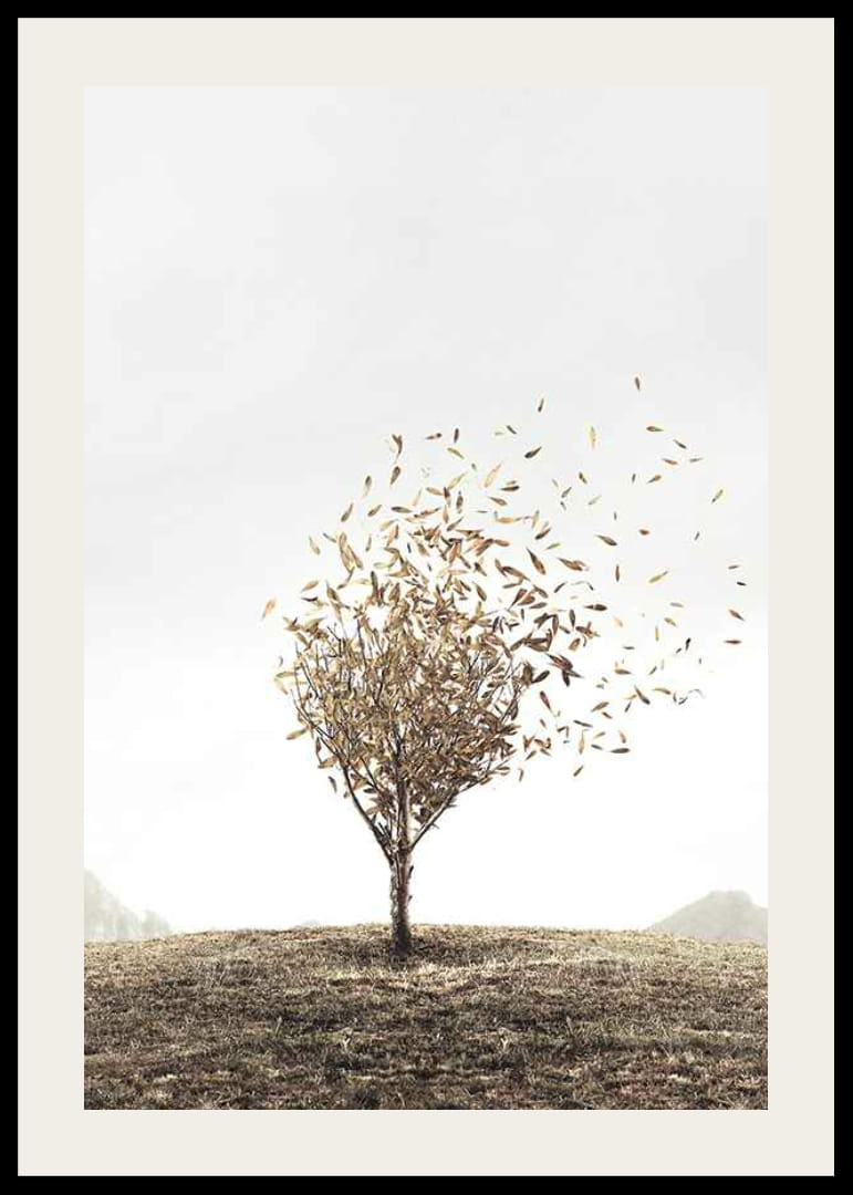 Abstrakt tre med gyldne blader som blåser bort i vinden-12