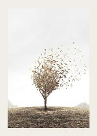 Abstrakt tre med gyldne blader som blåser bort i vinden-3