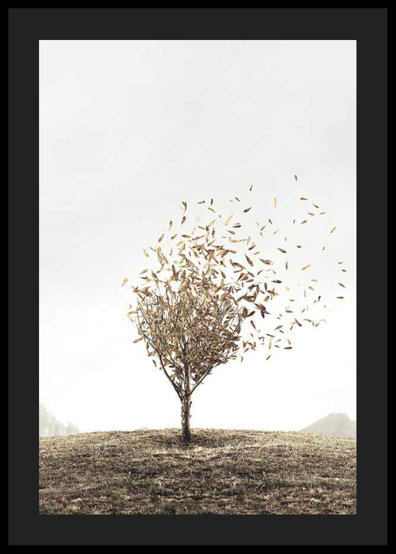 Abstract tree with golden leaves blowing away in the wind-12