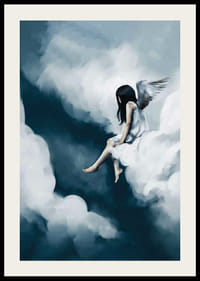 Akvarell lány angyalszárnyakkal, felhők között ülve-2