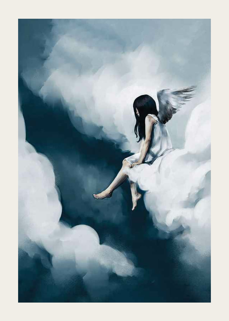 Akvarell lány angyalszárnyakkal, felhők között ülve-12