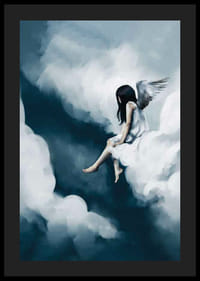 Akvarell lány angyalszárnyakkal, felhők között ülve-4