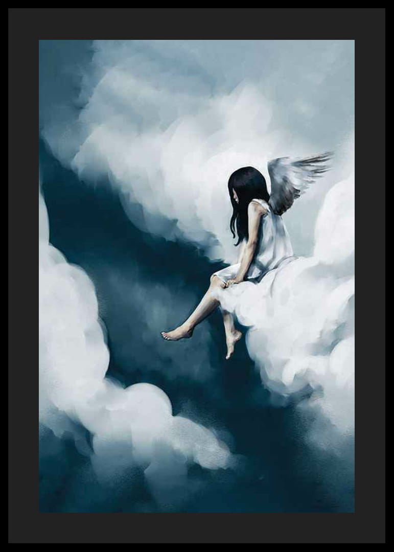 Akvarell lány angyalszárnyakkal, felhők között ülve-12