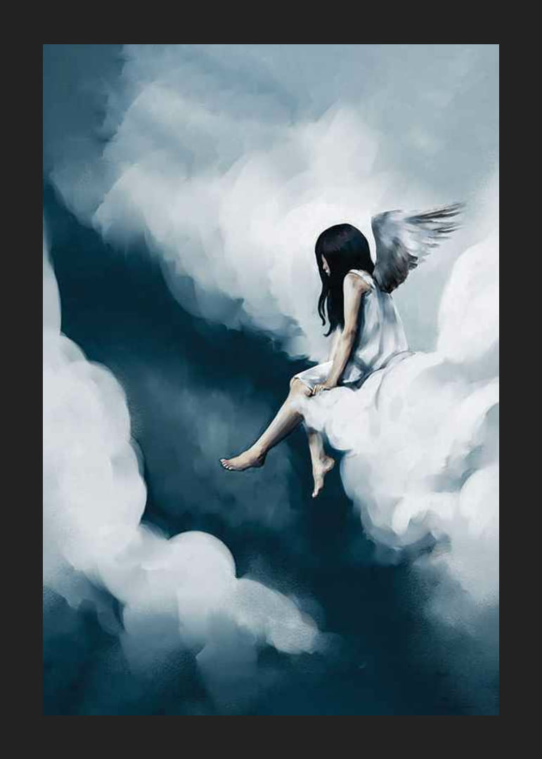 Akvarell lány angyalszárnyakkal, felhők között ülve-12