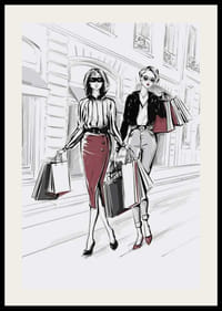 Illustration av två kvinnor med shoppingkassar i stadsmiljö-2