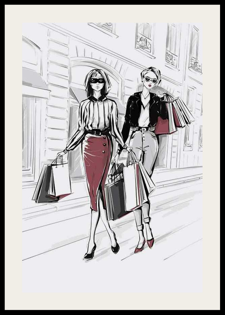 Illustration av två kvinnor med shoppingkassar i stadsmiljö-12