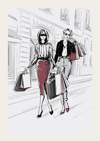 Illustration of two women with shopping bags in an urban setting-3