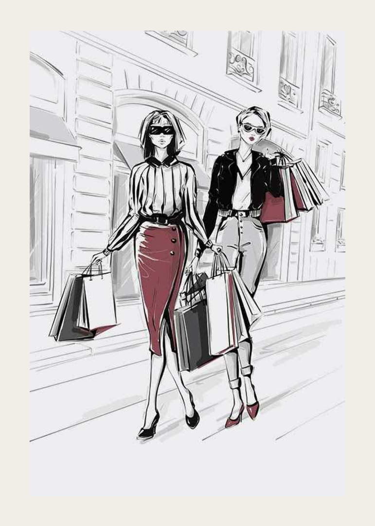 Illustration av två kvinnor med shoppingkassar i stadsmiljö-12