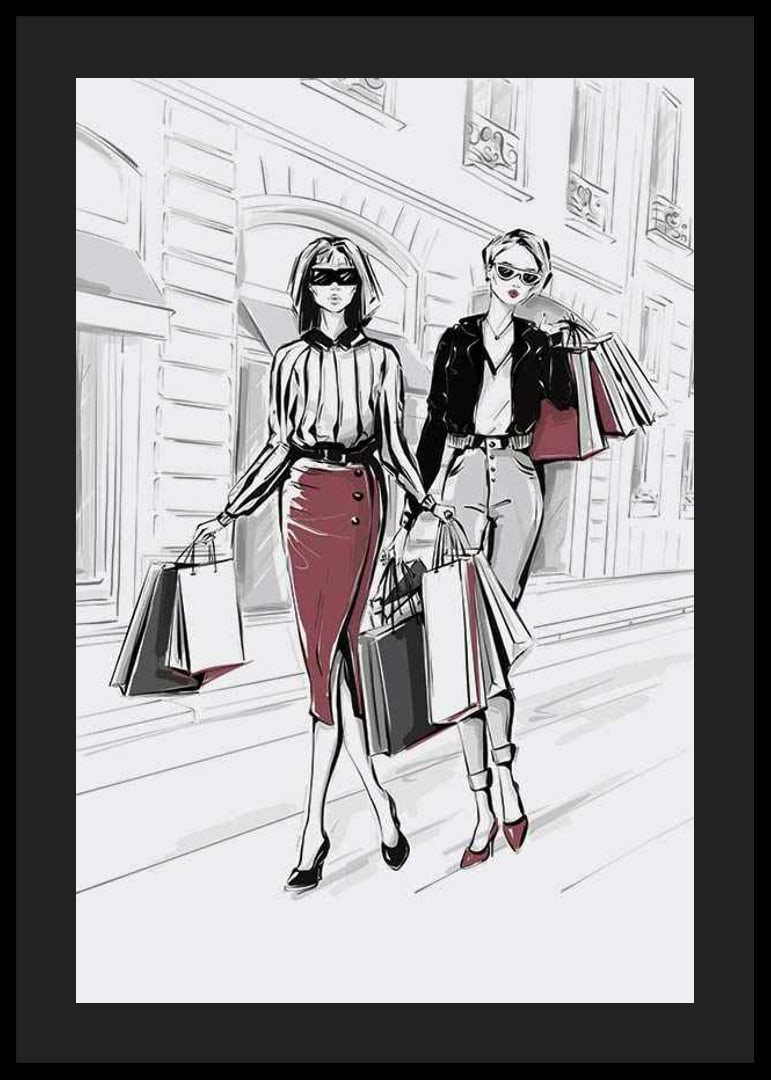 Illustration of two women with shopping bags in an urban setting-12