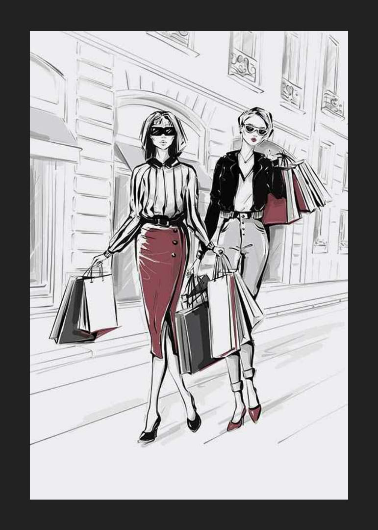 Illustration av två kvinnor med shoppingkassar i stadsmiljö-12