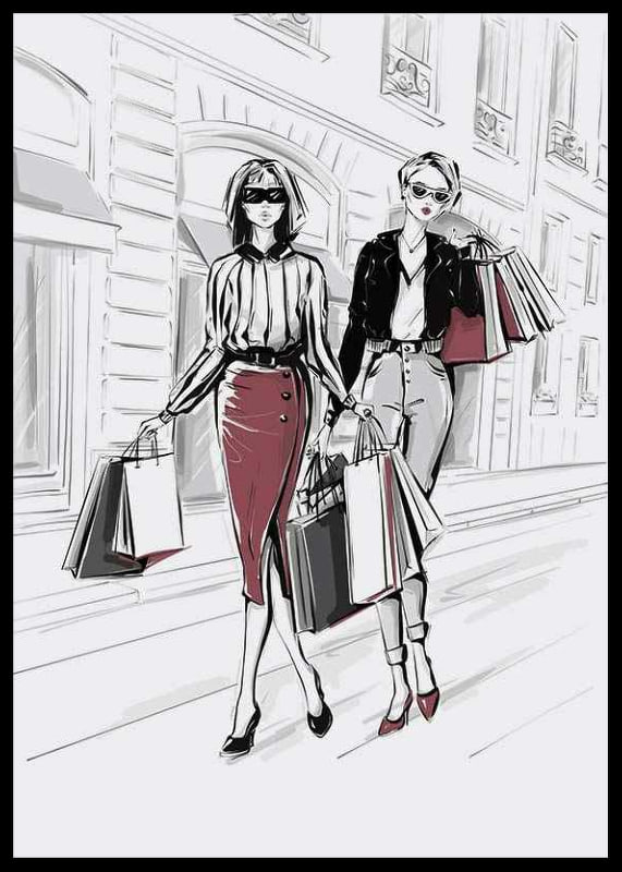 Illustration of two women with shopping bags in an urban setting-12