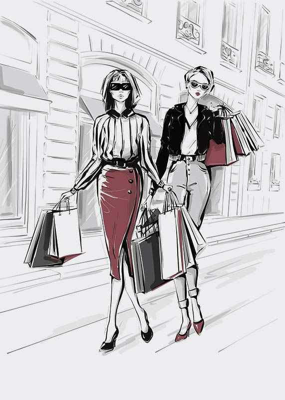 Illustration of two women with shopping bags in an urban setting-12