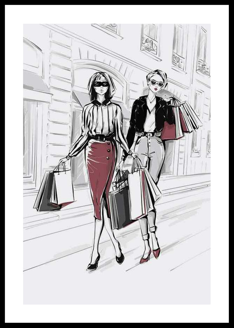 Illustration of two women with shopping bags in an urban setting-12