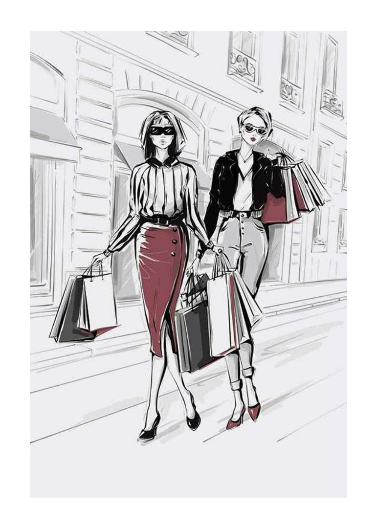 Illustration of two women with shopping bags in an urban setting-12