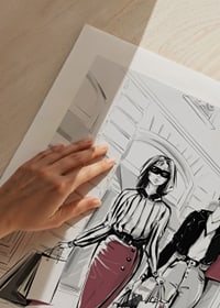 Illustration of two women with shopping bags in an urban setting-9