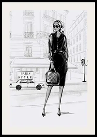 Illustrated woman in black dress in urban environment, black and white-2