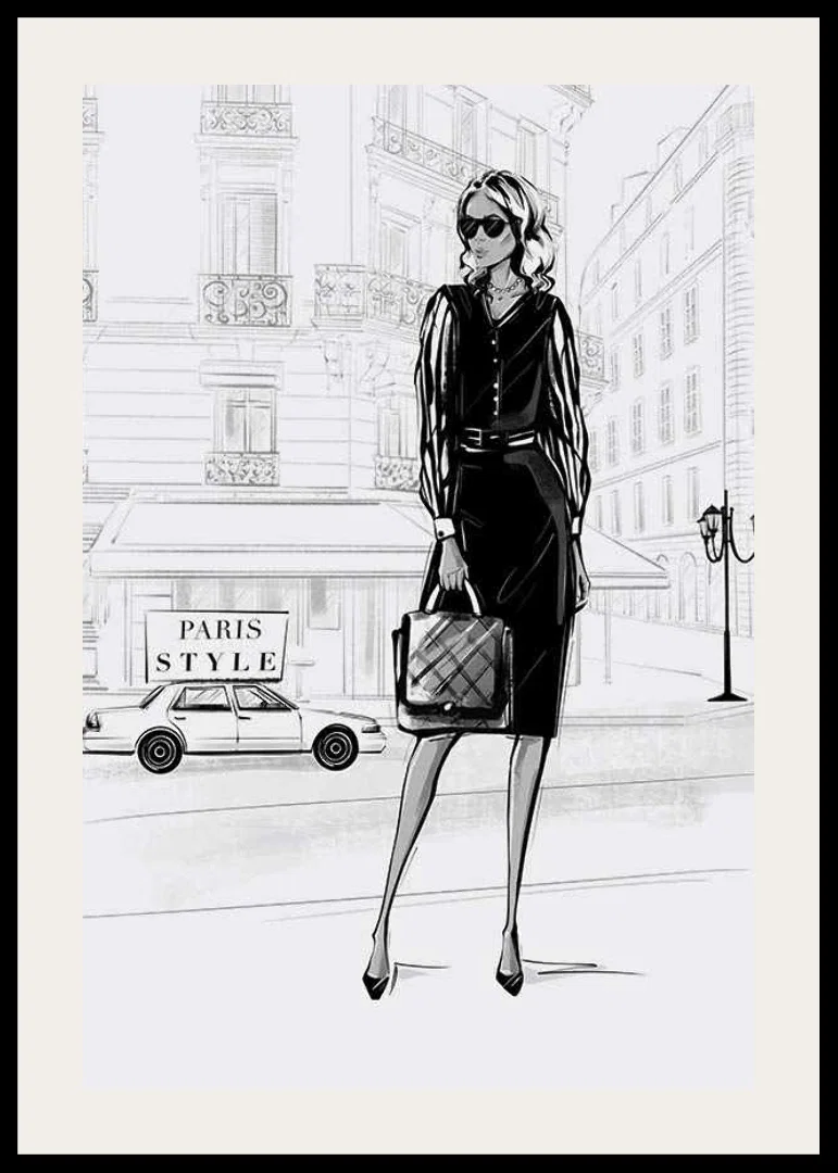 Illustrated woman in black dress in urban environment, black and white-12