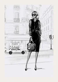 Illustrated woman in black dress in urban environment, black and white-3