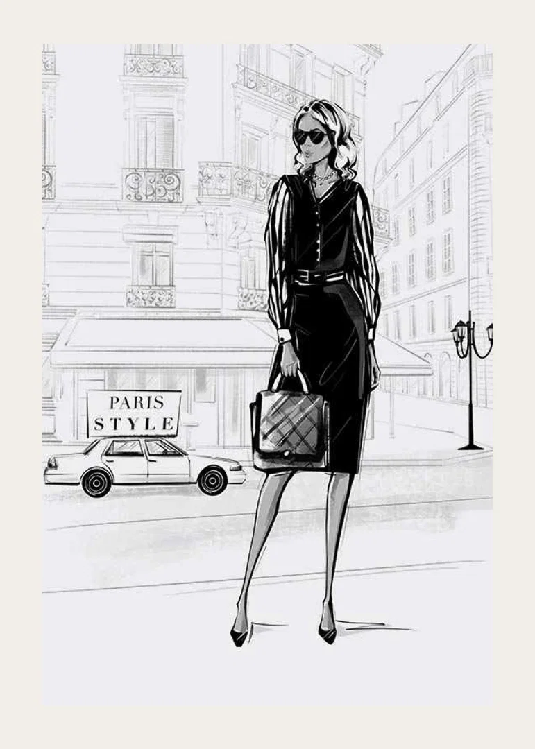 Illustrated woman in black dress in urban environment, black and white-12