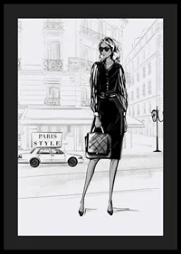 Illustrated woman in black dress in urban environment, black and white-4