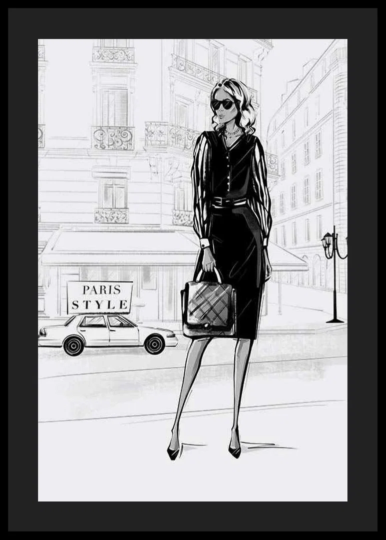 Illustrated woman in black dress in urban environment, black and white-12