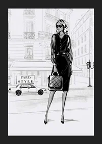 Illustrated woman in black dress in urban environment, black and white-5