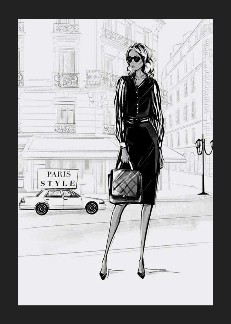 Illustrated woman in black dress in urban environment, black and white-12
