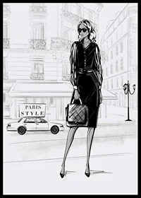 Illustrated woman in black dress in urban environment, black and white-6