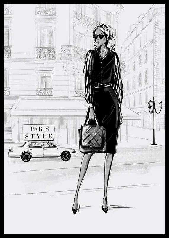 Illustrated woman in black dress in urban environment, black and white-12
