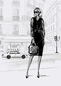 Illustrated woman in black dress in urban environment, black and white-7