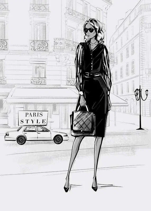 Illustrated woman in black dress in urban environment, black and white-12